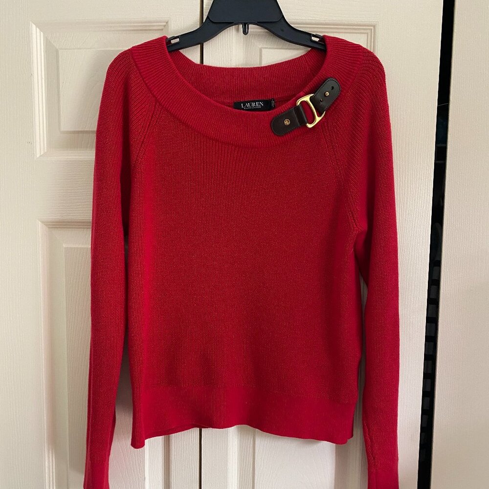 Lauren Ralph Lauren Red Sweater Pullover Boat Neck Buckle  Long Sleeve L